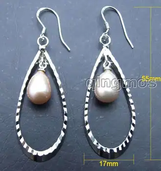  PRODAJA Očarljivo Big 55*17 MM Spusti oblike Visijo Uhan z naravnimi 8-10 mm Vijolična pearl &silver plated kavelj-ear303 na debelo/drobno