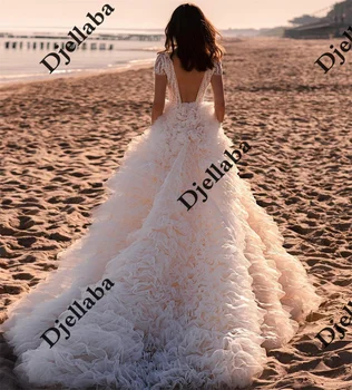  2022 Očarljivo O-Vratu Kratek Rokav Sequined Čipke Beach Poroka Obleke, Romantični Backless Boho Pleat Princesa Poročne Oblek