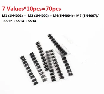  SMD diode Kit paket 7 vrst*10pcs=70pcs/veliko M1 (1N4001) + M2 (1N4002) + M4(1N4004)+ M7 (1N4007)/+SS12 + SS14 + SS34 Nastavite SMA