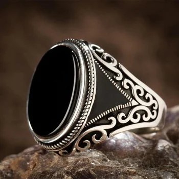  Vintage Črni Ovalni Kamen Obroči Vklesan Vzorec Silver Plated Prst Prstan za Moške Steampunk Edinstven Design Modni Nakit Nova