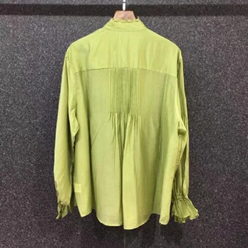  Visoka Kakovost Oblikovalec Bluze 2021 Jeseni Slog Žensk Ruffle Cvetlični Mozaik Dolg Rokav Beli Zeleni Gumb Srajce Blusas
