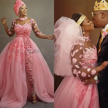  Hot Pink Nigerijski Afriška Poroko Jumpsuit S Snemljivo Vlak 2020 Plus Velikost Samega Dragulj Vratu 3D Cvetlični Čipke Til Nevesta Dres