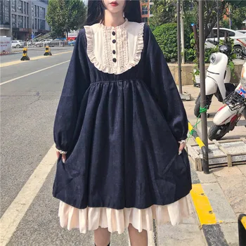  Ženske Japonski Slog krog Vratu Lolita Visoko Pasu Hujšanje Kontrast-Barva Ogrlicom Obleko Sweet lolita obleko kawaii oblačila
