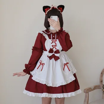  Rdeča Lolita Devica Kostum Japonska Mehko in Adorable Dekle z Dolgimi Rokavi Devica Enotno Cosplay Lolita Obleko za Ženske