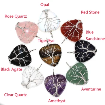  Drevo Življenja Srce Obesek Reiki Naravni Kristali Ametist Gemstone Nakit, Izdelava Rose Quartz Tiger Oči Ogrlica DIY Ornament