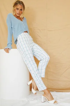  Ulične tartan, modro bel mozaik ženske hlače poleti elegantna kariran hlače modni novo naravnost sopihanje retro dolge hlače