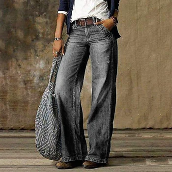  Pomlad Jesen Ženske Jeans Visoko Pasu Oblačila Širok Noge Jeans Sivi Ulici Retro Slogu Kakovosti Modi Ravne Dolge Hlače