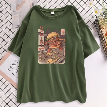  Ukiyo E Japonskem Slogu Burgerzilla ženska Majica s kratkimi rokavi 2021 Poletje Priložnostne Tees Hip Hop Street T-Shirt Harajuku O-Izrez Ženska T Srajce
