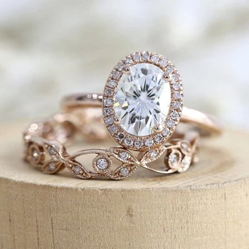  Vroče Prodajo Dame Moda 2pcs/Set Rose Gold Barvi Ovalne Cirkon Vdelan Crystal Ring za Poročni Nakit Celotno Prodajo