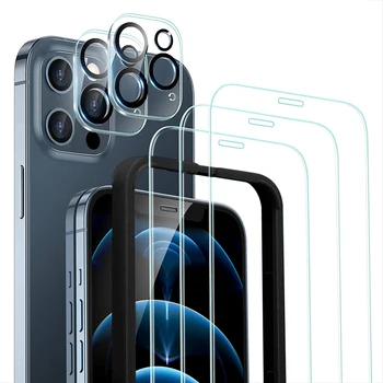  3 Pack, Kaljeno Steklo Zaščitnik Zaslon za iPhone 12 13 Pro Max + 2 Paket Objektiv Kamere na Film Enostavno Okvir za Namestitev Pladenj