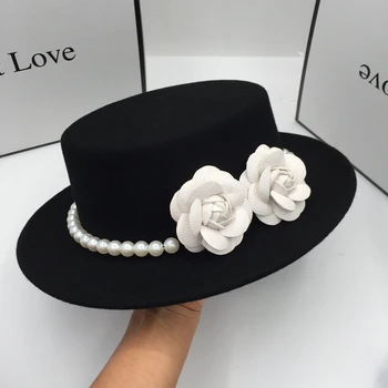  Pozimi nove volne črna z aristokratsko temperament ravno klobuk z rožami in biseri za ženske skp